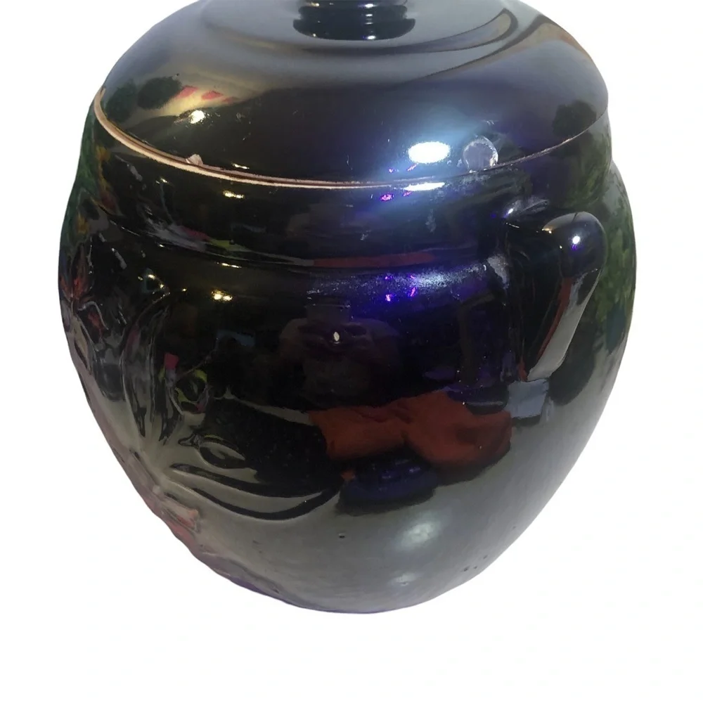 Vintage Crock Cookie Jar, Bean Pot & Lid, Cold Paint Floral